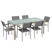 Beliani - Gartenmöbel Set Grau Sicherheitsglas Edelstahl Tisch 180 cm 6 Stühle Terrasse Outdoor Modern - Silber