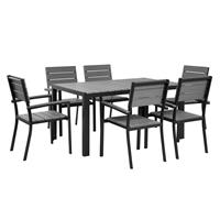 beliani Gartenmöbel Set 7-teilig Aluminium schwarz Kunstholz grau Tisch 6 Stühle Como - Grau