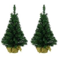 Decoris 2x Groene kunst kerstbomen 90 cm met jute zak/kluit Groen