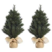 Decoris 2x Groene kunst kerstbomen 45 cm met jute zak/kluit Groen