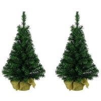 2x Volle kerstbomen groen in jute zak 45 cm Groen