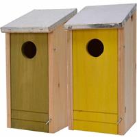 Decoris Set van 2 houten vogelhuisje/nestkastje 26 cm geel/groen Multi