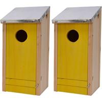 Decoris 2x Houten vogelhuisjes/nestkastjes gele voorzijde 26 cm Geel