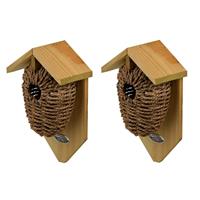Decoris 2x Stuks houten vogelhuisjes/nestbuidels zeegras 26 cm Bruin