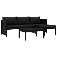 vidaXL 3-delige Loungeset met kussens poly rattan zwart