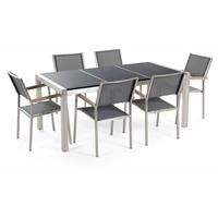 Beliani Tuinset zwart tafelblad 180 x 90 cm met 6 stoelen grijs GROSSETO