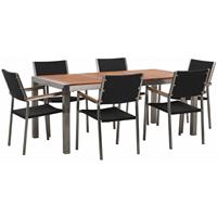 beliani Modernes Gartenmöbel Set Tisch 180 cm Eukalyptusholz 6 Rattanstühle in Schwarz - Heller Holzfarbton