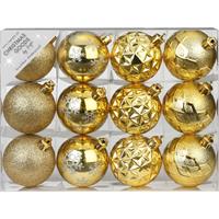 Set Van 12 Luxe Gouden Kerstballen 6 Cm Kunststof Mat/glans - Onbreekbare Plastic Kerstballen - Kerstboomversiering Goud