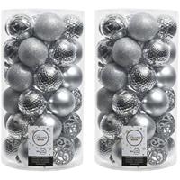 74x Zilveren Kunststof Kerstballen 6 Cm - Mix - Onbreekbare Plastic Kerstballen - Kerstboomversiering Zilver