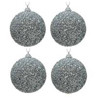 6x Zilveren Glitter/kralen Kerstballen 8 Cm Kunststof - Onbreekbare Kerstballen - Kerstboomversiering Zilver