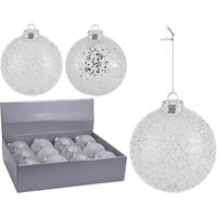 6x Zilveren Glitter Kerstballen Kunststof 10 Cm Type 2 - Kerstboomversiering Zilver
