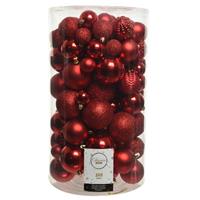 100x Rode Kerstballen 4-5-6-7-8 Cm - Glans En Glitter - Mix - Onbreekbare Plastic Kerstballen - Kerstboomversiering Rood