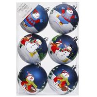 6x Blauwe Kerstballen 8 Cm Kunststof Met Print - Onbreekbare Plastic Kerstballen - Kerstboomversiering Blauw