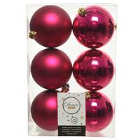 6x Bessen Roze Kunststof Kerstballen 8 Cm - Mat/glans - Plastic Kerstballen - Kerstboomversiering Bessen Roze