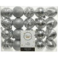 40x Zilveren Kerstballen 6 Cm - Glans En Glitter - Mix - Onbreekbare Plastic Kerstballen - Kerstboomversiering Zilver