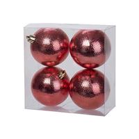 12x Rode Kunststof Kerstballen 8 Cm - Cirkel Motief - Onbreekbare Plastic Kerstballen - Kerstboomversiering Rood