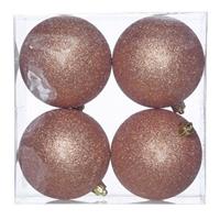 4x Koperen Kunststof Kerstballen 10 Cm - Glitter - Onbreekbare Plastic Kerstballen - Kerstboomversiering Koper