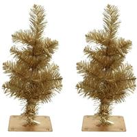 2x Stuks Gouden Kunst Kerstbomen 35 Cm Met 28 Takjes En Metalen Voet - Miniboompjes / Kleine Kerstbomen