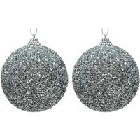 2x Zilveren Glitter/kralen Kerstballen 8 Cm Kunststof - Onbreekbare Kerstballen - Kerstboomversiering Zilver