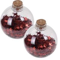 2x Transparante Fles Kerstballen Met Rode Sterren 8 Cm - Onbreekbare Kerstballen - Kerstboomversiering Rood