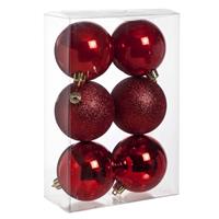 6x Rode Kunststof Kerstballen 8 Cm - Mat/glans/glitter - Onbreekbare Plastic Kerstballen - Kerstboomversiering Rood