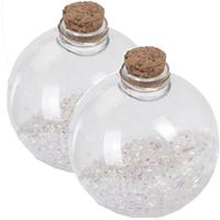 2x Transparante Fles Kerstballen Met Witte Glitters 8 Cm - Onbreekbare Kerstballen - Kerstboomversiering Wit