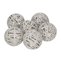 6x Rotan Kerstballen Zilver Met Glitters 5 Cm - Kerstboomversiering - Kerstversiering/kerstdecoratie Zilver