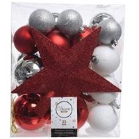 33x Rood/wit/zilveren Kunststof Kerstballen 5-6-8 Cm - Mix - Onbreekbare Plastic Kerstballen