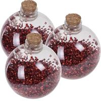 3x Transparante Fles Kerstballen Met Rode Glitters 8 Cm - Onbreekbare Kerstballen - Kerstboomversiering Rood