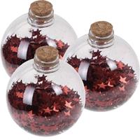 3x Transparante Fles Kerstballen Met Rode Sterren 8 Cm - Onbreekbare Kerstballen - Kerstboomversiering Rood