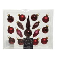 Donkerrode Glazen Kerstballen En Piek Set Voor Mini Kerstboom 15-dlg - Kerstversiering/kerstboomversiering Donkerrood