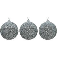 3x Zilveren Glitter/kralen Kerstballen 8 Cm Kunststof - Onbreekbare Kerstballen - Kerstboomversiering Zilver