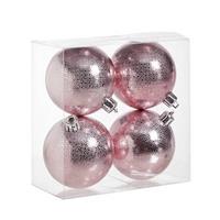 4x Roze Kunststof Kerstballen 8 Cm - Cirkel Motief - Onbreekbare Plastic Kerstballen - Kerstboomversiering Roze