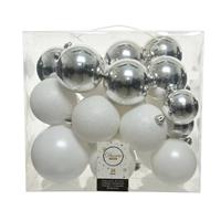 26x Kunststof Kerstballen Mix Wit-zilver 6, 8, 10 Cm - Kerstversiering/kerstdecoratie