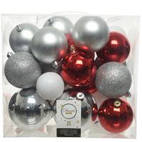 26x Kunststof Kerstballen Mix Zilver-rood-wit 6, 8, 10 Cm - Kerstversiering/kerstdecoratie