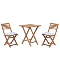 beliani Balkonset Braun Akazienholz 2 Stühle 1 Teetisch 2 Auflagen im geometrischen Muster Gartenmöbelset