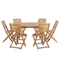beliani Gartenmöbel Set hellbraunes Akazienholz Tisch rund 150 cm mit 6 Stühlen Tolve - Heller Holzfarbton