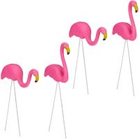 RELAXDAYS 4 x Flamingo Figur, niedliche Gartendeko, tropisches Flair, Teichfiguren Kunststoff, Metall, Dekofigur 2 Größen, pink
