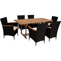 DEGAMO Garnitur MONTREUX 7-teilig, Geflecht schwarz + Akazien Holz, Tisch 90x180cm