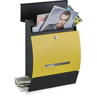RELAXDAYS Design Briefkasten mit Zeitungsfach, Pulverbeschichtet, HxBxT: 45 x 35 x 11 cm, Wandbriefkasten, schwarz-gelb