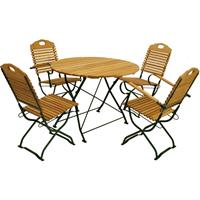DEGAMO Kurgarten - Garnitur BAD TÖLZ 5-teilig (2x Stuhl, 2x Armlehnensessel, 1x Tisch rund 100cm), Flachstahl grün + Robinie, klappbar