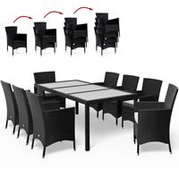 CASARIA Polyrattan Sitzgruppe Mailand 8 Gartenstühle Stapelbar 7cm Auflagen Tisch 190x90cm Garten Gartenmöbel Set Schwarz - 