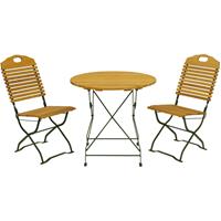 DEGAMO Kurgarten - Garnitur BAD TÖLZ 3-teilig (2x Stuhl, 1x Tisch 77cm rund), Flachstahl grün + Robinie, klappbar