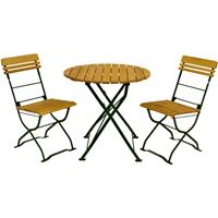 DEGAMO Biergarten - Garnitur MÜNCHEN 3-teilig (2x Stuhl, 1x Tisch rund 77cm), Flachstahl grün + Robinie