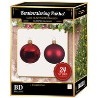 Bellatio 24 Stuks Mix Glazen Kerstballen Pakket Donkerrood 6 En 8 Cm - Kerstballen Pakket