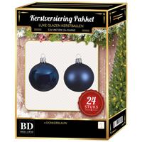 Bellatio 24 Stuks Mix Glazen Kerstballen Pakket Donkerblauw 6 Cm - Kerstballen Pakket