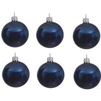 Decoris 6x Donkerblauwe Glazen Kerstballen 8 Cm - Glans/glanzende - Kerstboomversiering Donkerblauw