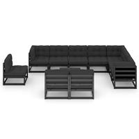 vidaXL 11-delige Loungeset met kussens massief grenenhout zwart