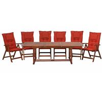beliani Gartenmöbel Set Dunkelbraun Akazienholz 6-Sitzer Auflagen Terracotta ausziehbarer rechteckiger Tisch Rustikal Landhaus Stil Outdoor - Rot