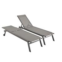 ALICE'S GARDEN Set mit 2 ELSA Sonnenliegen aus grauem Aluminium und dunkelgrauem Textilene, Liegestühle mit mehreren Positionen und Rädern